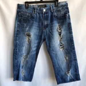 Black Premium deconstructed relaxed straight blue jean cutoffs, size 34